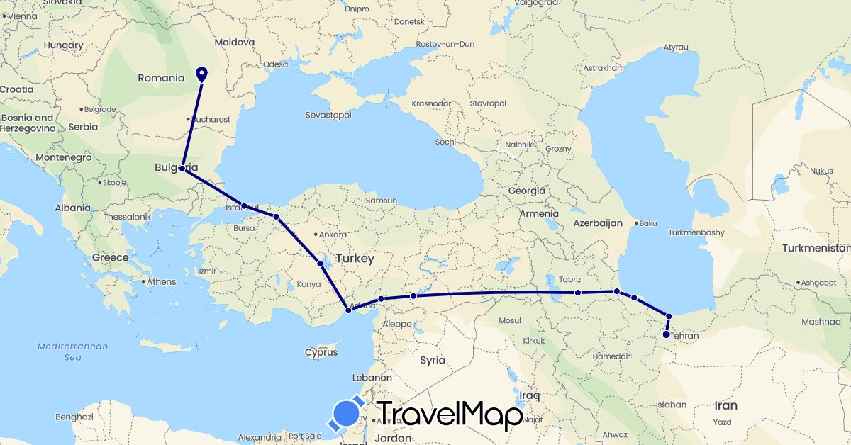 TravelMap itinerary: driving in Bulgaria, Iran, Romania, Turkey (Asia, Europe)
